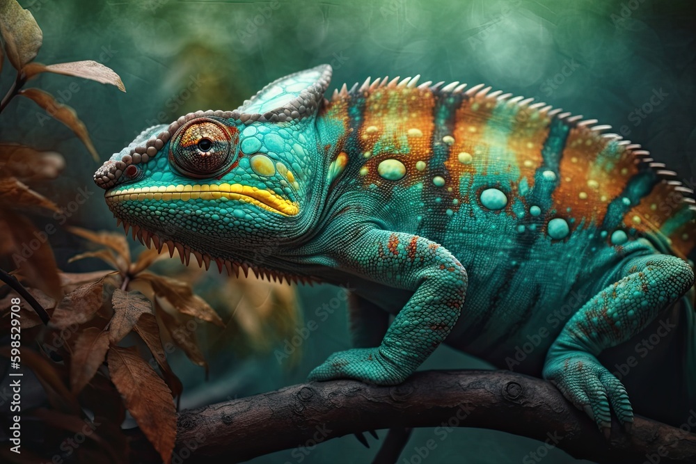 Fototapeta premium Portrait of Incredibly cute colorful chameleon lizard. Exotic wild lizard or reptile. Generative AI