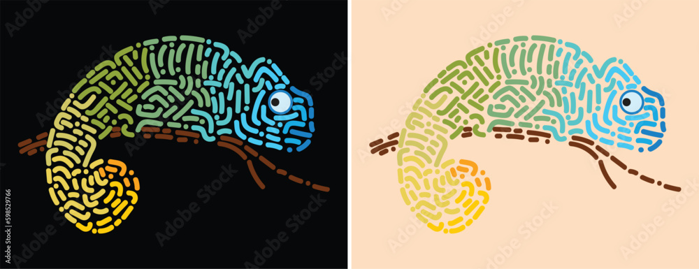 Rainbow chameleon sits on a tree branch. Vector image made in the technique of modern mosaic.