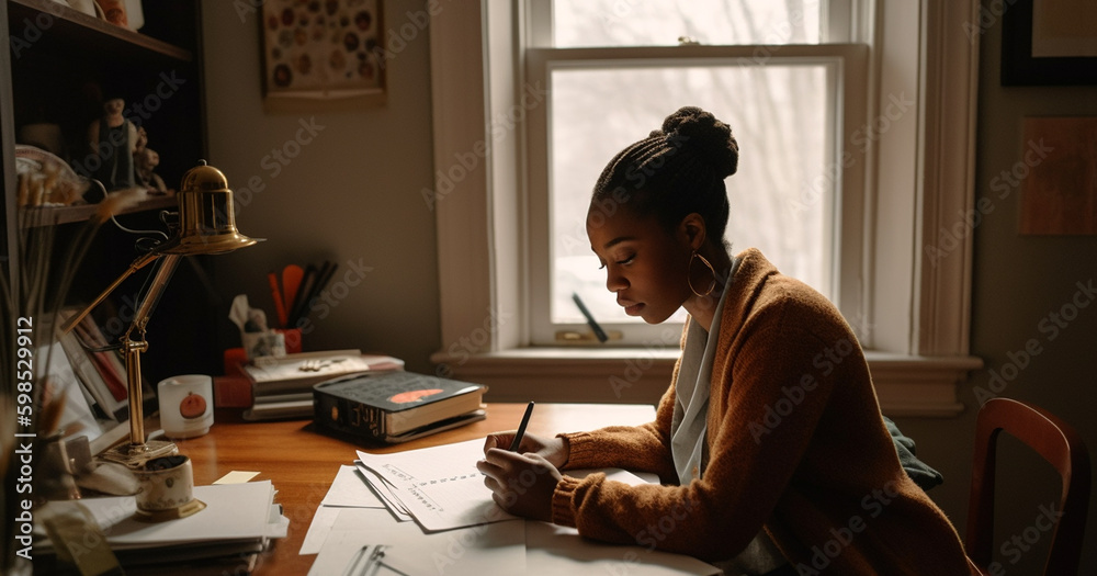 Side view of concentrated female freelancer sitting at table with laptop while working on remote project at home, Business andeducation concept studying or working in office room