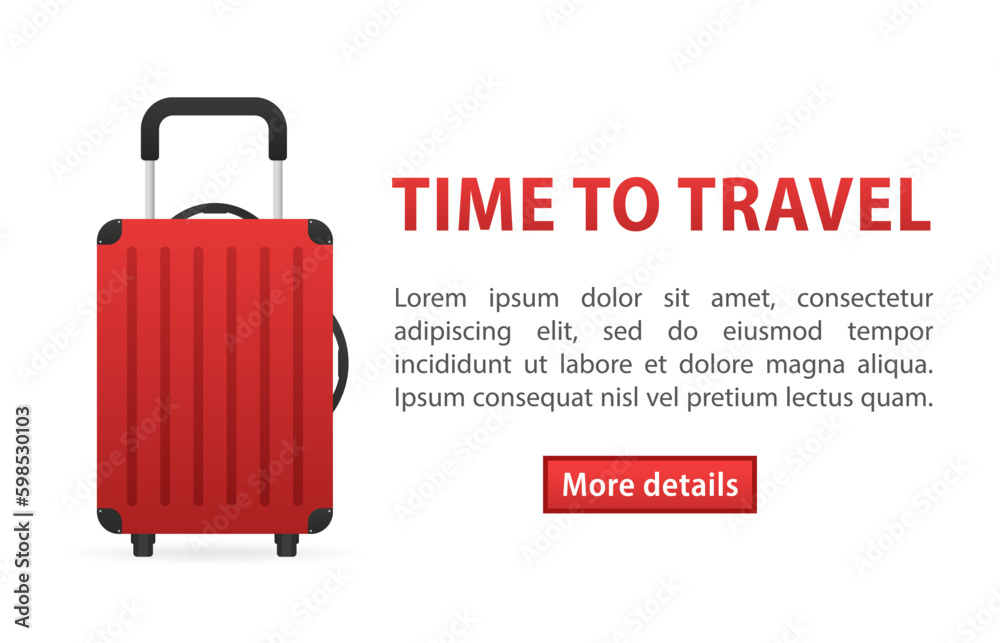 Realistic plastic suitcase. Red travel bag isolated on white background. Traveling banner template. Artistic design of a traveler's luggage. Vector illustration Realistic plastic suitcase. Red travel bag isolated on white background. Traveling banner template. Artistic design of a traveler's luggage. Vector illustration