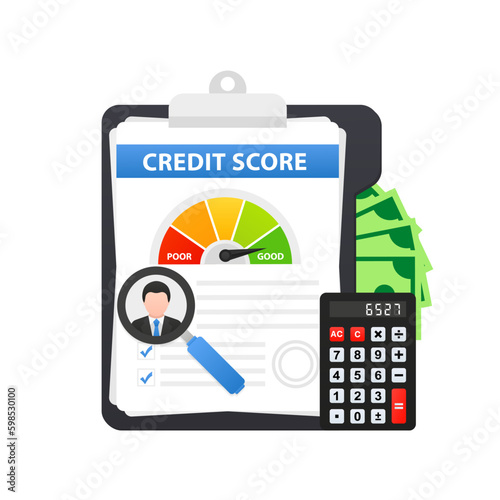 Credit report document concept. Money, calculator, lending, infographics. Personal credit rating information for presentation, website. Personal credit score information. Vector illustration