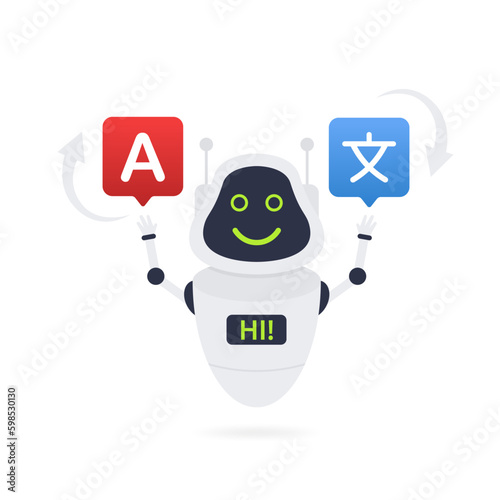 Chatbot translator. Online translates your messages into another language. Ai online support for translation document and reading books technology. Cartoon cute character. Vector illustration