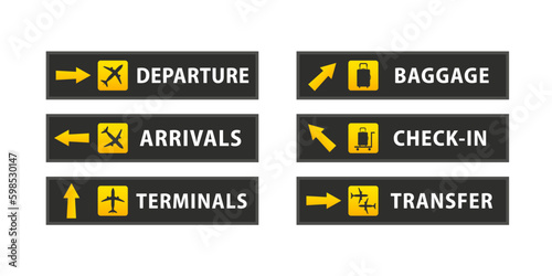Airport sign departure arrival travel icon. Vector airport board airline sign. Transfer. Arrivals. Airport board airline sign, departures, arrivals, check in, baggage information. Vector illustration