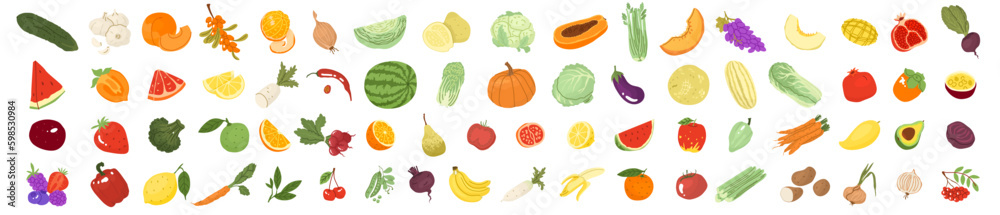 A set with vegetables and fruits. Farm products, organic farming. Different types of fruits and vegetables. Production of organic products. Vector illustration for farmers and food markets. A set with vegetables and fruits. Farm products, organic farming. Different types of fruits and vegetables. Production of organic products. Vector illustration for farmers and food markets.