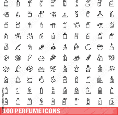 100 perfume icons set. Outline illustration of 100 perfume icons vector set isolated on white background