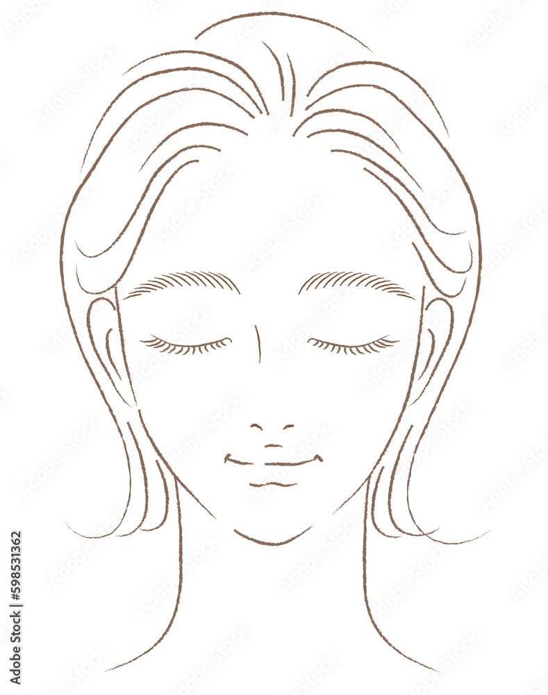 目を閉じた女性の顔のアップイラスト　線画のみ