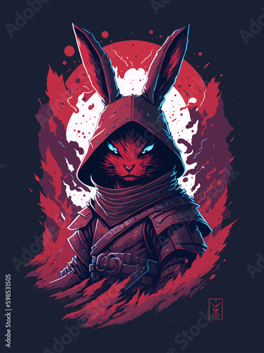 A rabbit with a hood and a hood is standing in front of a red fire