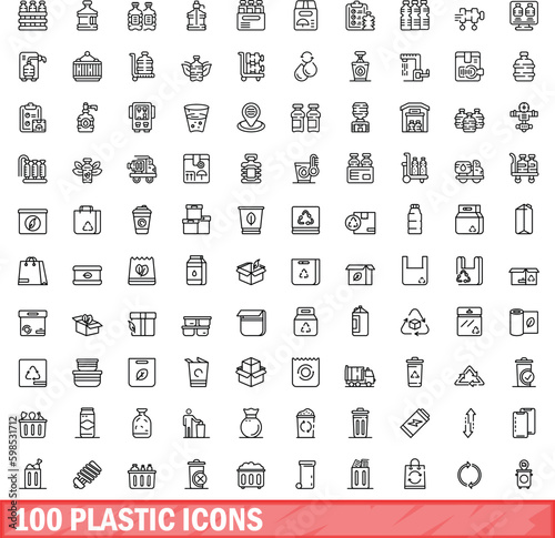100 plastic icons set. Outline illustration of 100 plastic icons vector set isolated on white background
