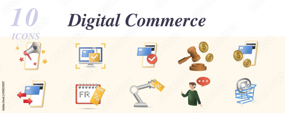 Digital commerce set. Creative icons: online promotion, 3d security, online payment, auction, payment options, returns, black friday, cyber monday, customer support, e-commerce.