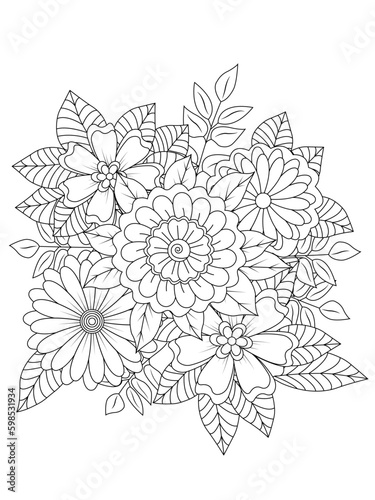 Fototapeta Naklejka Na Ścianę i Meble -  Coloring book page for adult and kids. Cute doodle composition with abstract flowers and leaves