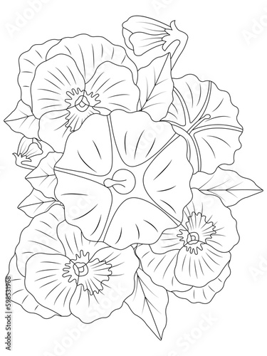 Coloring book page for adult and kids. Cute doodle composition with abstract flowers and leaves