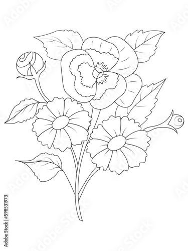 Coloring book page for adult and kids. Cute doodle composition with abstract flowers and leaves