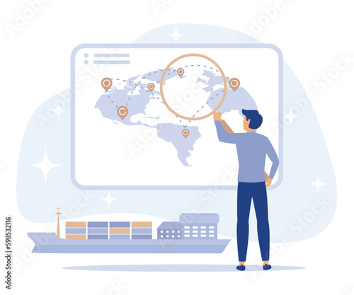 International delivery service concept,  Global transportation system, ship tracking, collaborative logistics, marine traffic, online global tracker, flat vector modern illustration