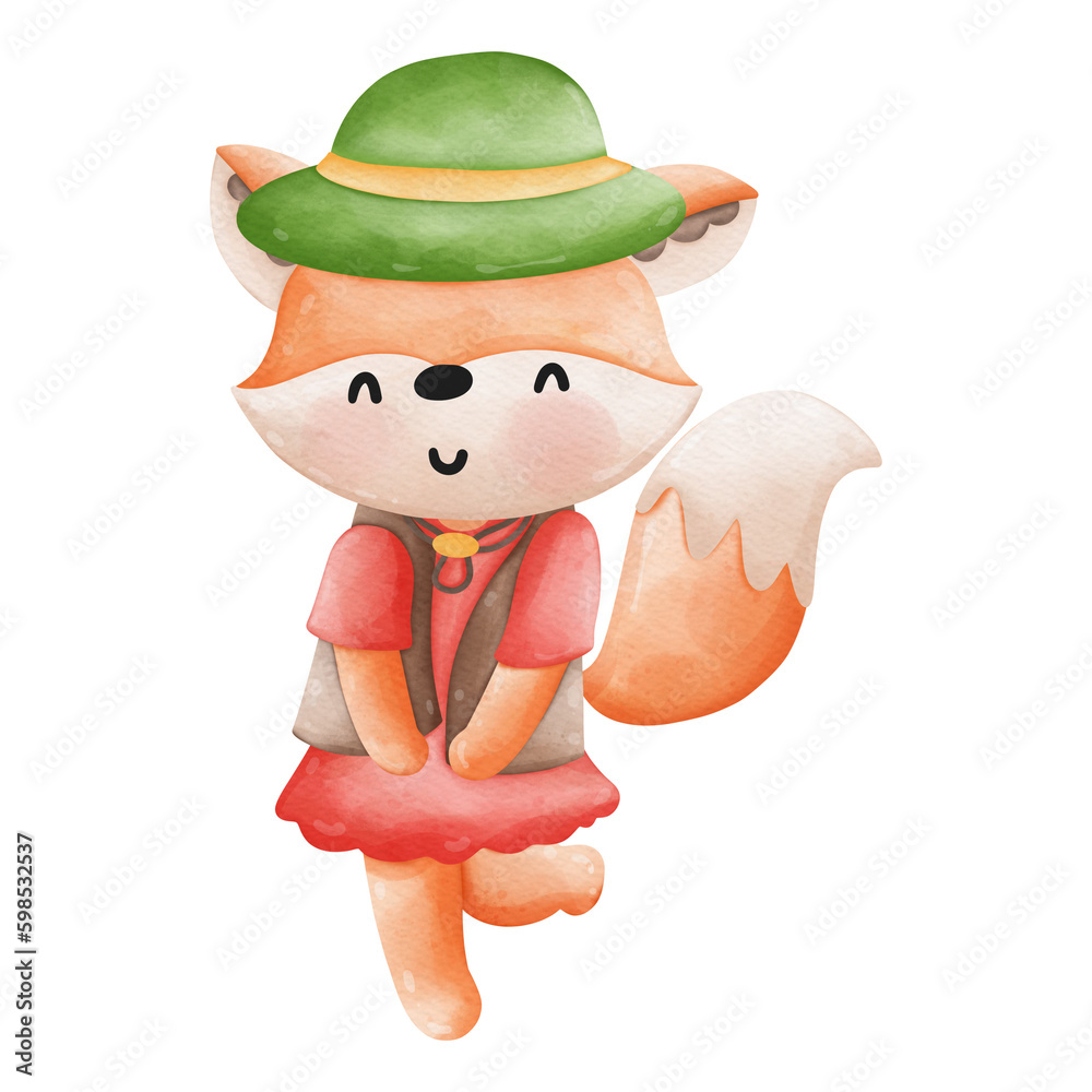 Naklejka premium watercolor cute fox traveler and camper, Summer Camping Element, Summer Illustration