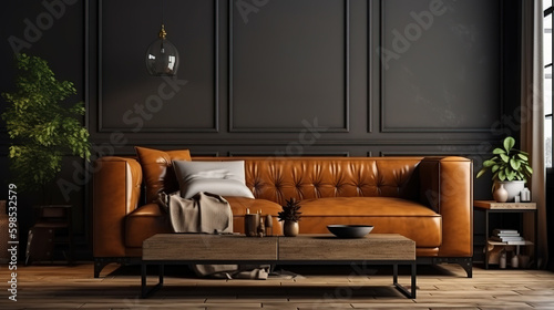 Art Deco interior design is classic. a sofa with a table light and vase. Generative Ai