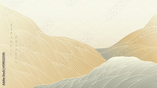 Abstract art background with curve pattern vector. Mountain forest banner design in vintage style. Line wave pattern in luxury style. Desert and sand.