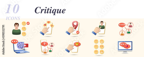 Critique set. Creative icons: satisfaction, social network activity, location mark, online help, group opinion, rewiev, customers, cyber bullying, emoticons, feedback.