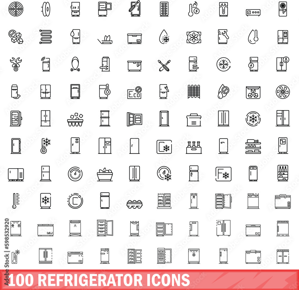 100 refrigerator icons set. Outline illustration of 100 refrigerator icons vector set isolated on white background 100 refrigerator icons set. Outline illustration of 100 refrigerator icons vector set isolated on white background