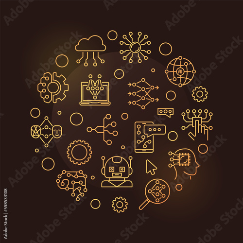 Artificial intelligence and Neural Network outline round vector golden banner