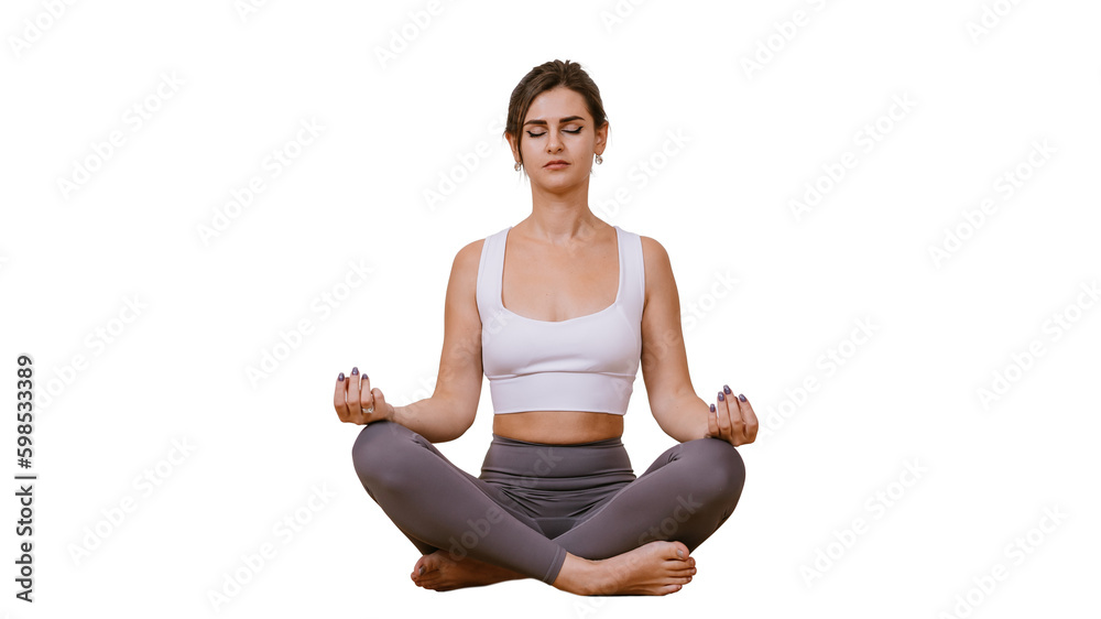 Young brunette caucasian woman in sportswear sitting in meditation on floor eyes closed against transparent background relaxing. Hispanic girl practicing yoga at fitness class. Mental balance concept Young brunette caucasian woman in sportswear sitting in meditation on floor eyes closed against transparent background relaxing. Hispanic girl practicing yoga at fitness class. Mental balance concept