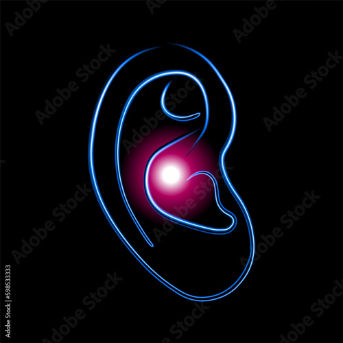 Vector isolated illustration of earache. Neon contour drawing of the ear. Ear diseases. Diagnosis of the disease. Otitis. Otolaryngologist.