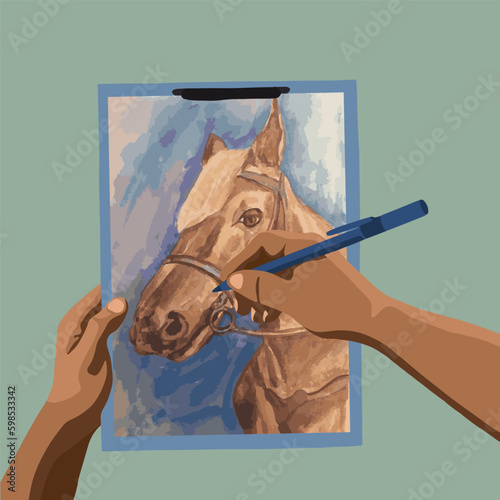 Vector isolated illustration of drawing process. Drawing lessons. School of Fine Arts. A drawing of a horse portrait on an artboard.