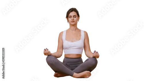 Obraz Young brunette caucasian woman in sportswear  sitting in meditation on floor eyes closed against transparent background relaxing. Hispanic girl practicing yoga at fitness class. Mental balance concept