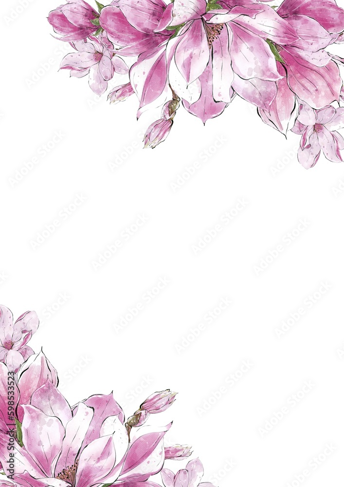 Watercolor magnolias template. Florals Arrangement, design for wedding invitations and greeting cards.