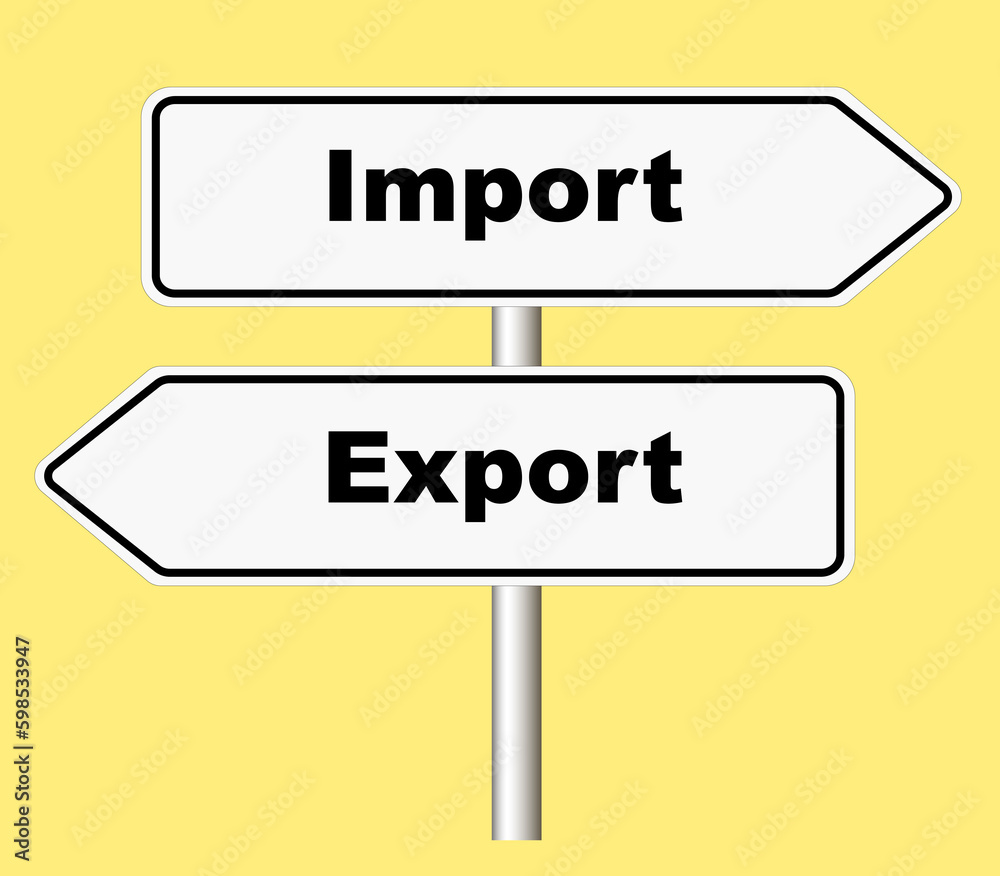 Import Export arrow shaped road sign on yellow background Import Export arrow shaped road sign on yellow background
