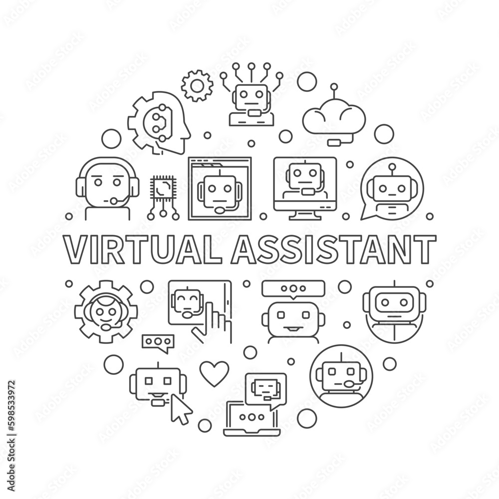 Virtual Assistant line round banner. Vector Online Chat and Chatbot illustration