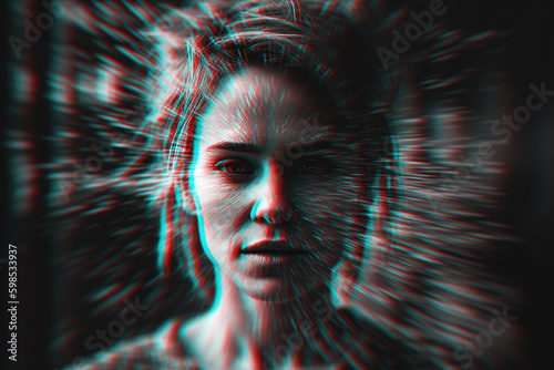 woman with mental disorders and paranoia in depression and stress. Black and white with 3D glitch virtual reality effect. Generative AI