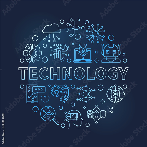 Technology concept line round vector blue banner - Artificial intelligence illustration