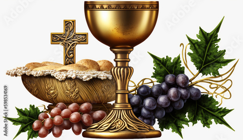 Holy Communion. A chalice of wine, bread, grapes and ears of wheat on white. Generative AI.