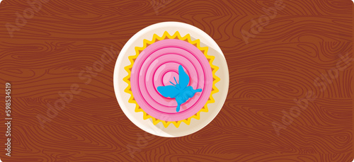 Mousse cake icon isometric vector. Fruit mousse cake on rectangular wooden table. Dessert, sweet food, top view