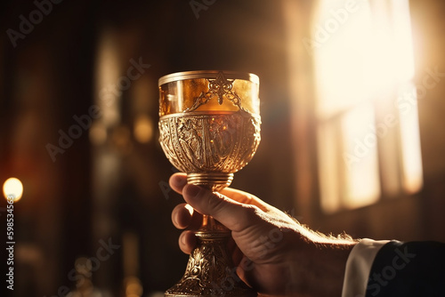 Pastor hand holding golden chalice of wine, sun rays throuth curch window. Generative AI. photo