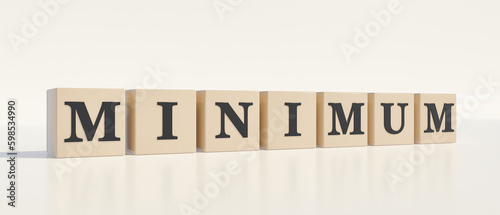 Minimum. Dices with black letters and the word minimum. Weight, volume, number, quantity, amount, minimal, total, aggregate, smallest and lowest. 3D illustration