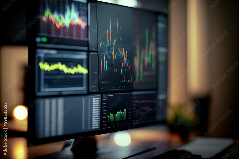 Financial charts and graphs on the computer monitor. Workplace broker. Generative AI