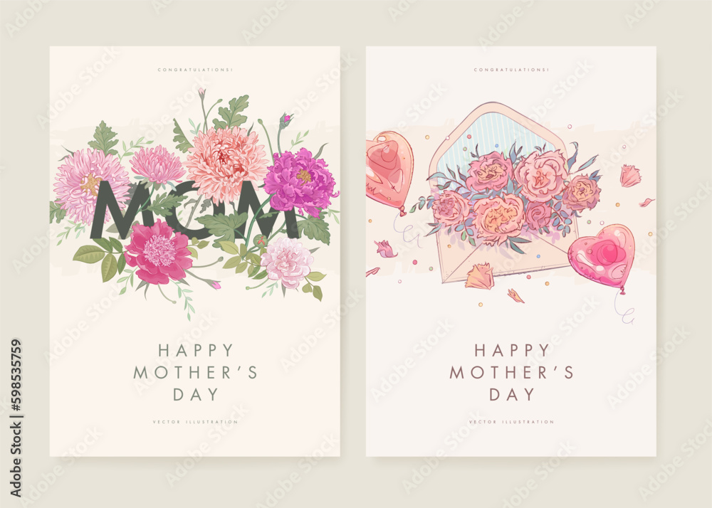 Set of Mother's day poster, banner or greeting card design template with hand drawn envelope, helium balloons and flowers on light background. Vector illustration