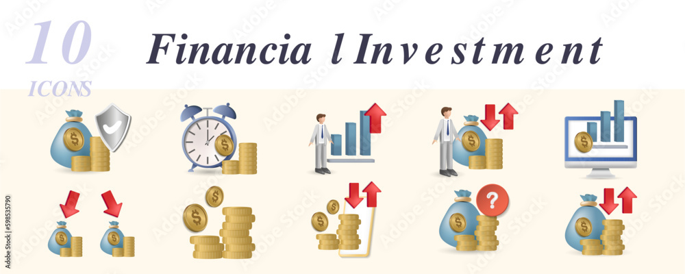 Financial investment set. Creative icons: investment security, investment duration, high growth opportunities, investor, economy, investment choice, currency, investment platform, investment