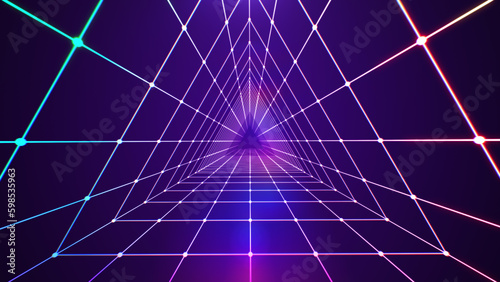 Triangle tunnel neon light technology abstract background.