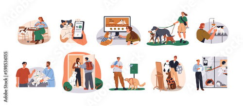 Pet care and services set. Owners, sitters and dog-friendly cafe, online shop, veterinarian, canine grooming, cat hotel, clean up after pooping. Flat vector illustrations isolated on white background