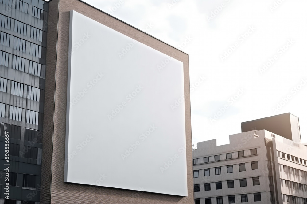 blank white advertising banner mockup on the wall of a building in the city. Generative AI blank white advertising banner mockup on the wall of a building in the city. Generative AI
