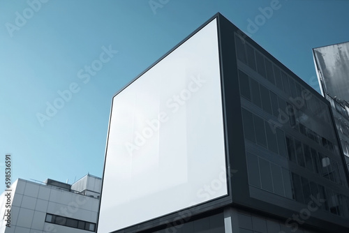 blank white advertising banner mockup on the wall of a building in the city. Generative AI 