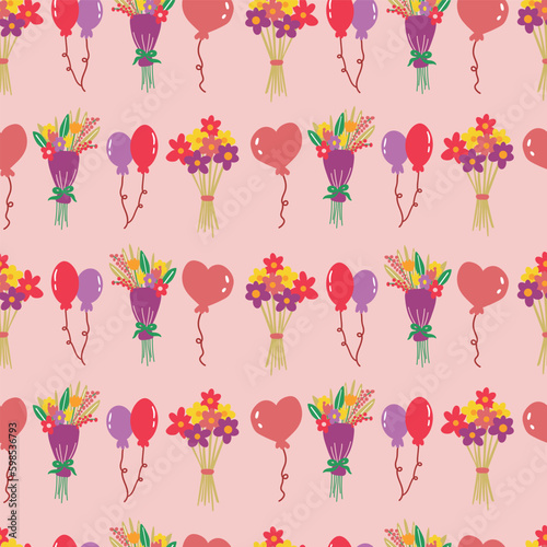 Pink Celebration Party seamless background pattern. Happy birthday vector pattern with flowers and balloons. Congratulation seamless pattern
