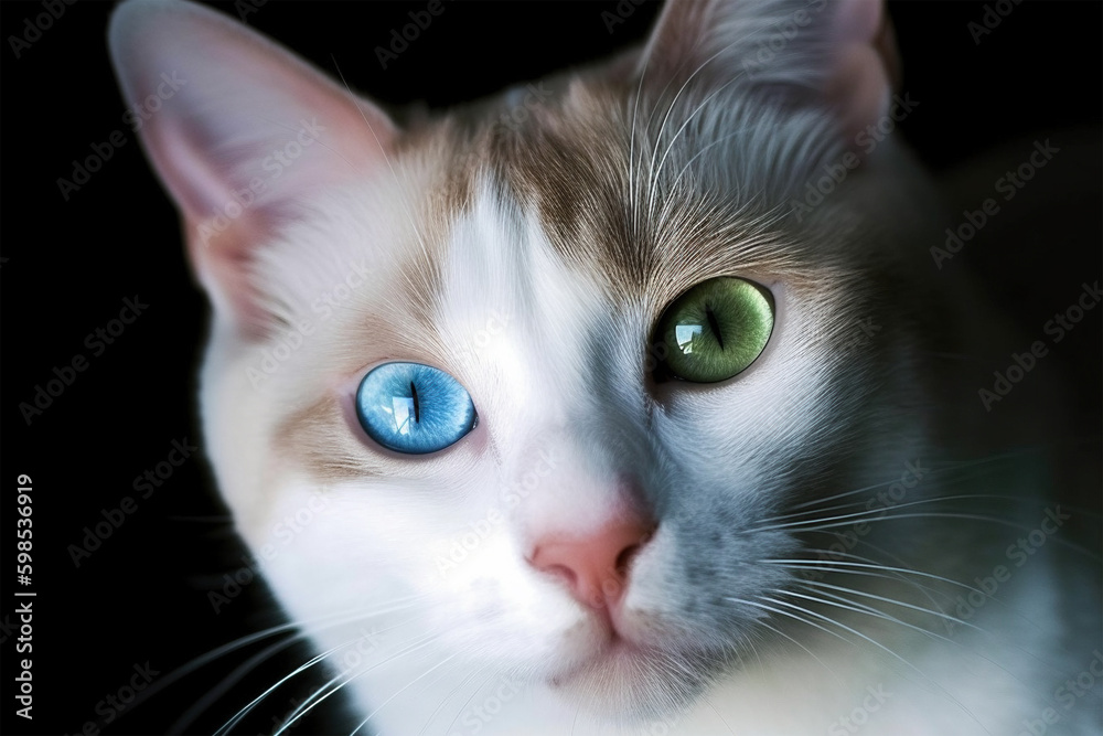 Cat with two colored blue and green eyes. Generative AI illustration Cat with two colored blue and green eyes. Generative AI illustration