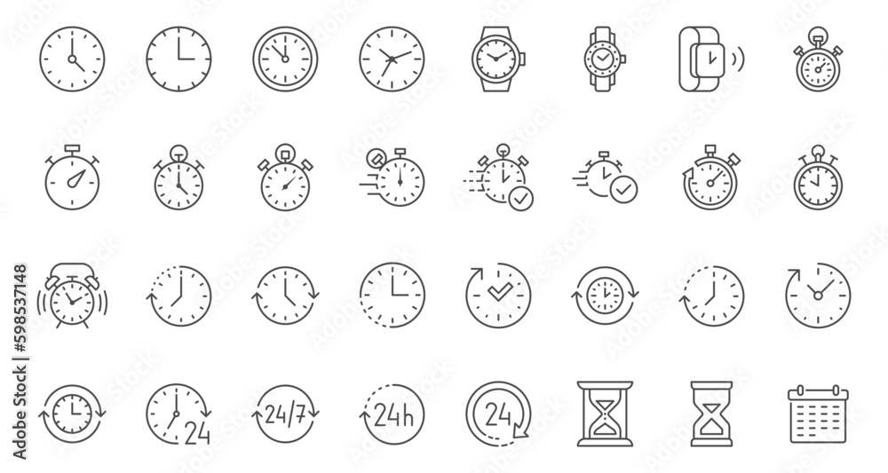 Time line icons set. Timer, alarm clock, wristwatch, smart watch, hourglass, schedule calendar vector illustration. Outline signs about notification. Editable Strok Time line icons set. Timer, alarm clock, wristwatch, smart watch, hourglass, schedule calendar vector illustration. Outline signs about notification. Editable Strok