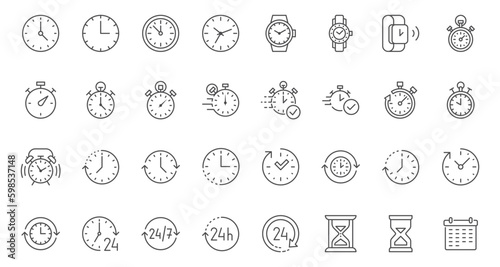 Time line icons set. Timer, alarm clock, wristwatch, smart watch, hourglass, schedule calendar vector illustration. Outline signs about notification. Editable Strok © nadiinko