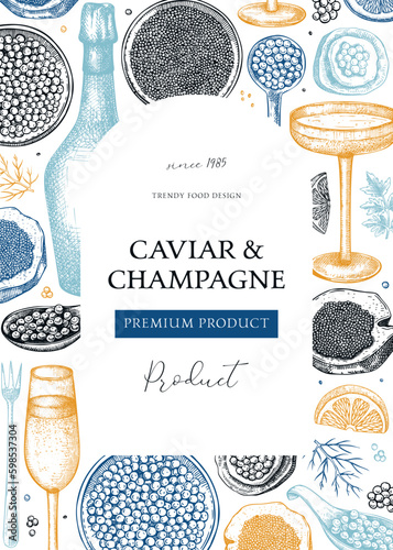 Caviar and champagne artistic frame design. Hand drawn menu  template with red caviar canape, canned black caviar, sparkling wine bottle, glasses sketches. Seafood background in color