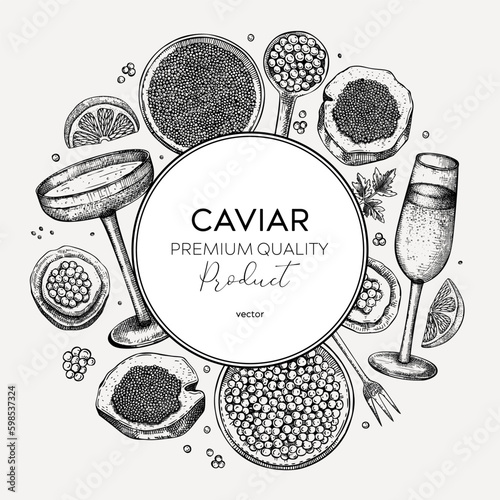 Caviar and champagne hand drawn illustration. Hand drawn wreath with red caviar canape, canned black caviar, sparkling wine bottle, glasses sketches. Seafood background in vintage style