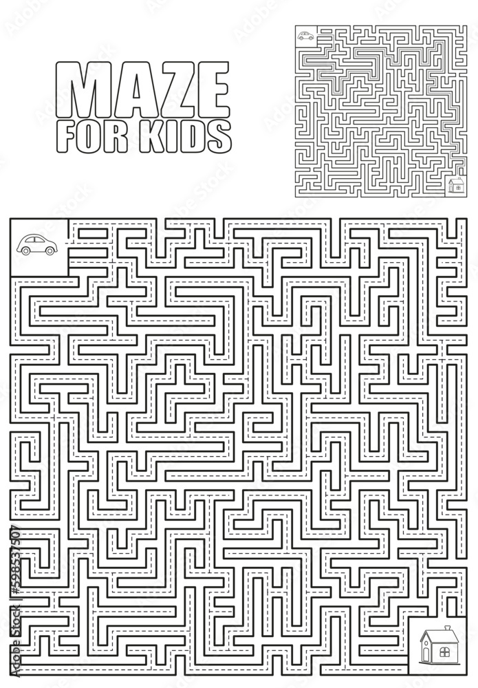 Vector Maze game with vehicles and tangled road. Vector coloring book page for children activity Vector Maze game with vehicles and tangled road. Vector coloring book page for children activity